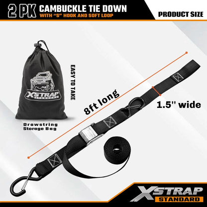 2X Motorcycle Tie Down Straps for XSTRAP (1.5IN X 8FT, Black)