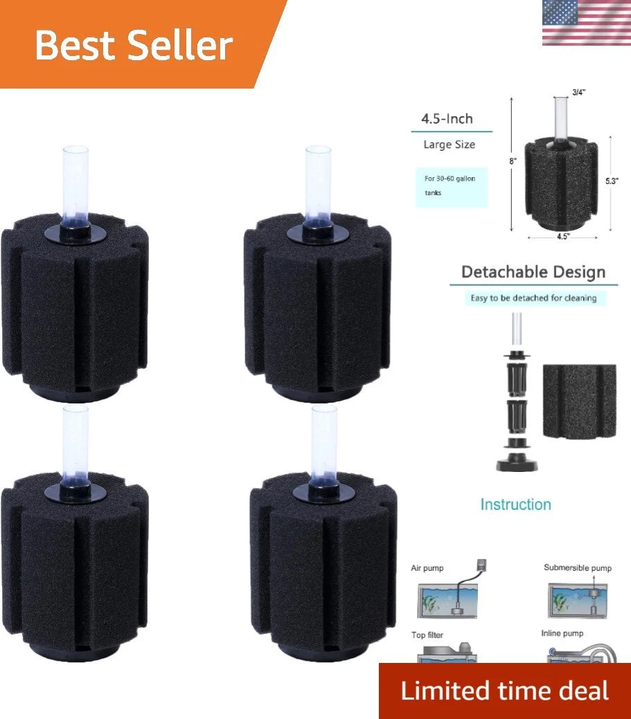 Sponge Filter Set of 4 for Optimal Breeding and Fry Care (Up to 60Gal)