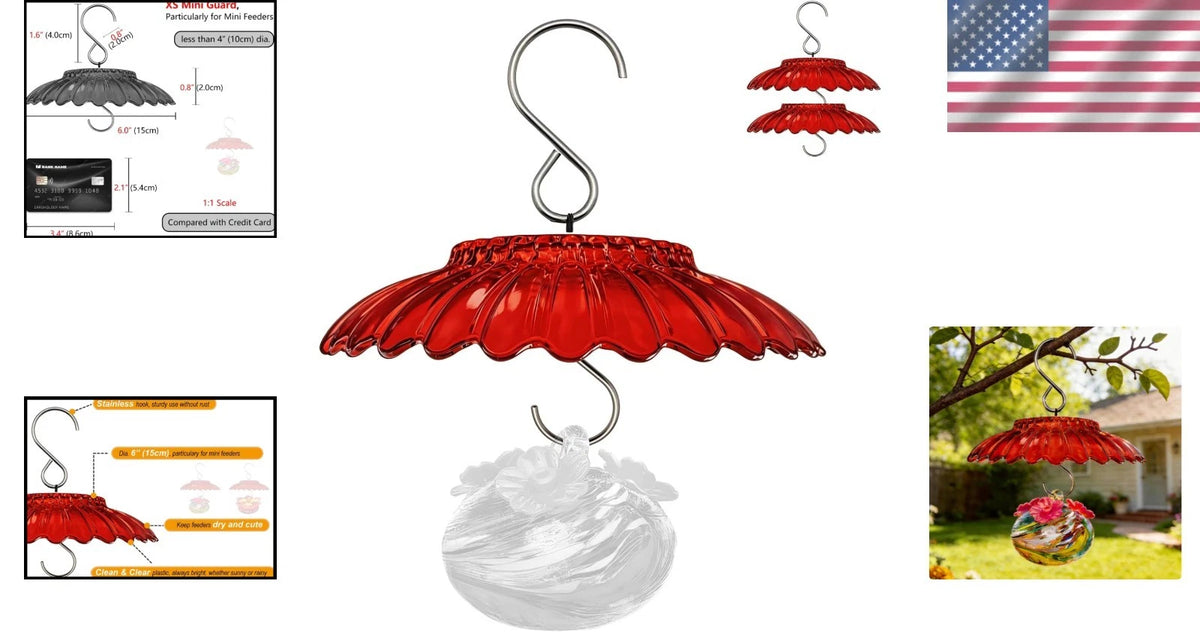 2X Weatherproof Mini Rain Guard for Hummingbird Feeders (Red Daisy Design)