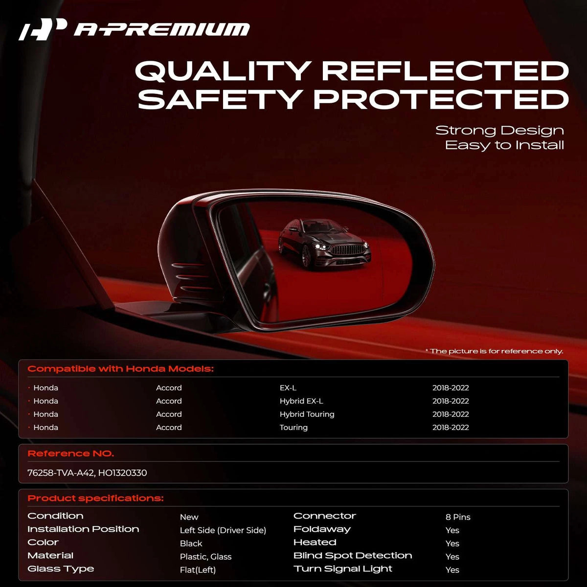 Driver Power Mirror for Honda Accord (2018–2022) 76258-TVA-A42, 76258TVAA42, HO1320330