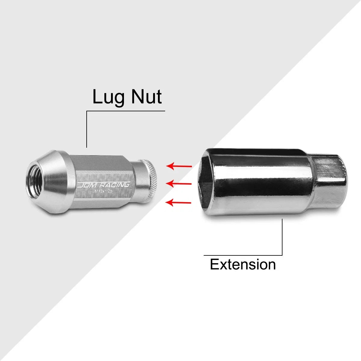 20Pc M12X1.25 Silver JDM Open-End Acorn Hex Wheel Lug Nuts + Extension 25mmx50mm