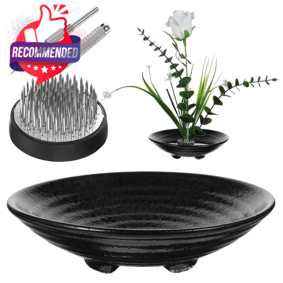 Ikebana Kit with Ceramic Bowl Vase and Floral Frog Container