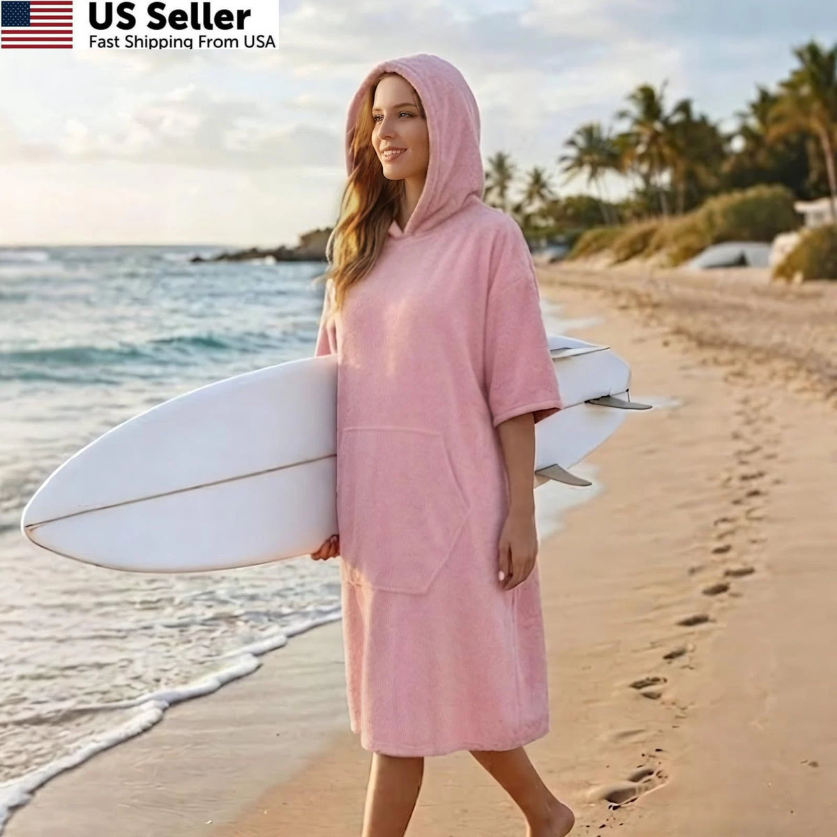 Surf Poncho Hooded Beach Towel Quick Dry 43.3"L x 33.5"W Skin Pink