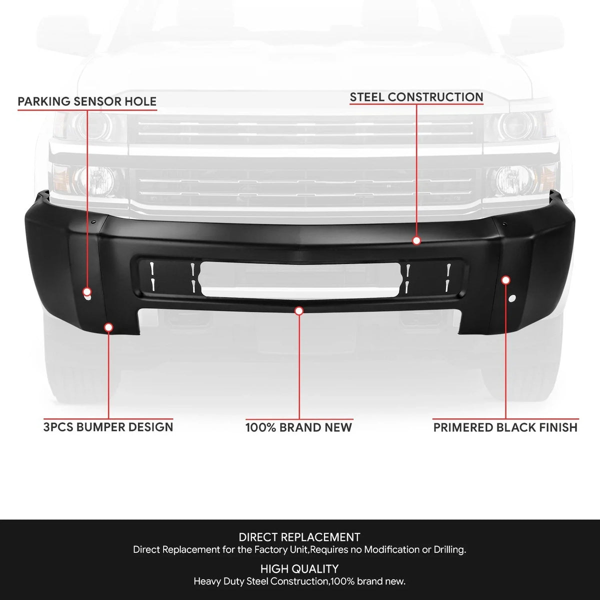 Front Bumper Face Bar for Silverado 2500 3500 HD (2015–2019) Black w/o Foglight Holes