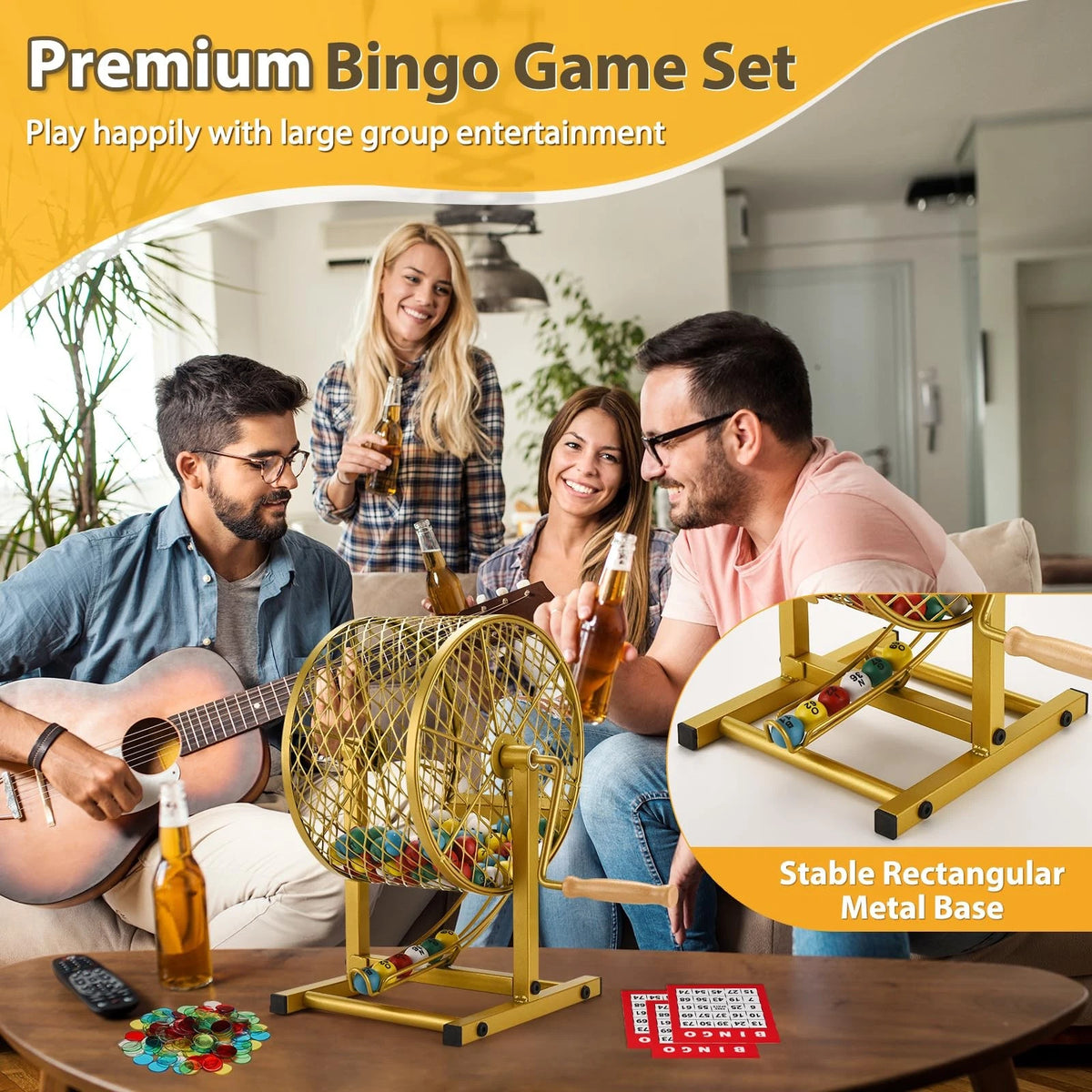 Set of 4 Bingo Game Sets with Steel Cage, 12.6" Tall, Gold