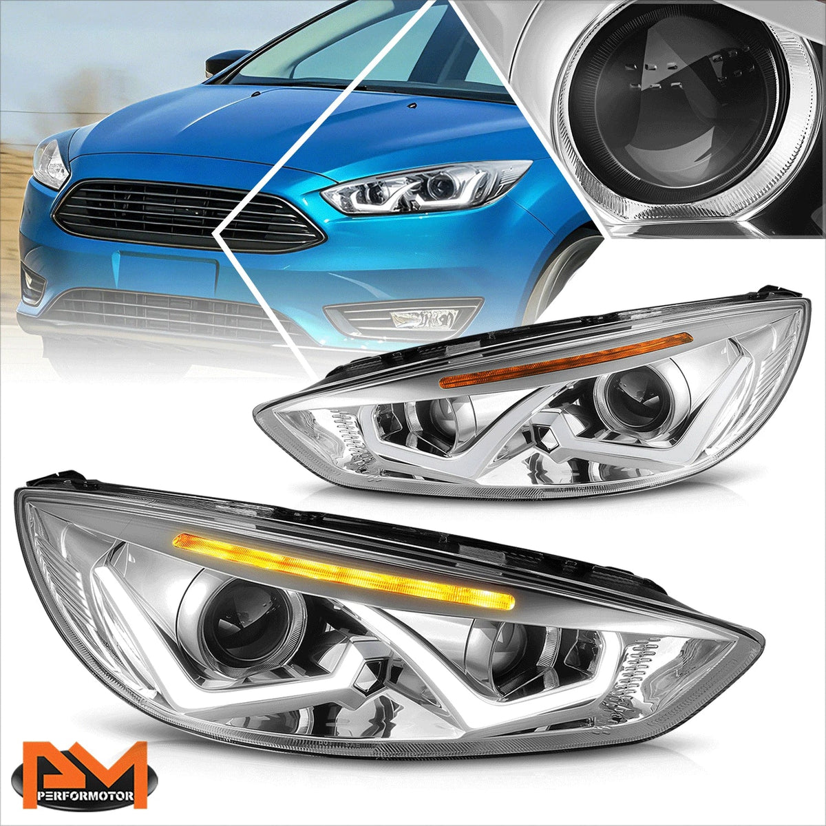 Dual LED DRL + Amber Signal Projector Headlight for Ford Focus (2015–2018)