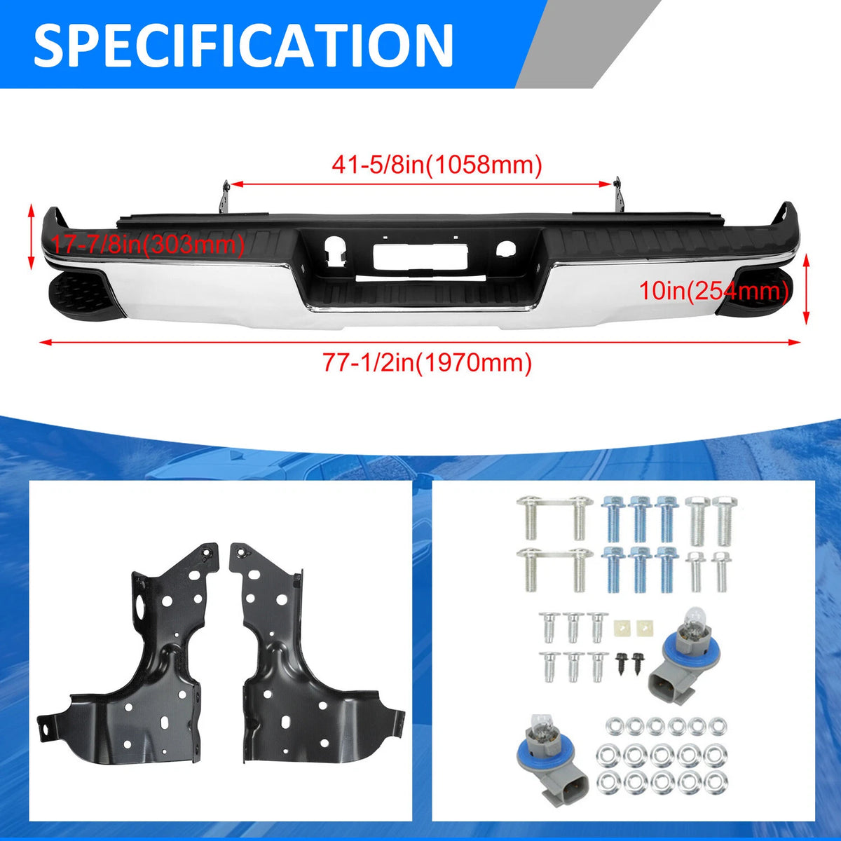 Chrome Rear Bumper for Chevy Silverado GMC Sierra 1500 (2014–2018) - CON-A000000232, GM1103175, GM1103179