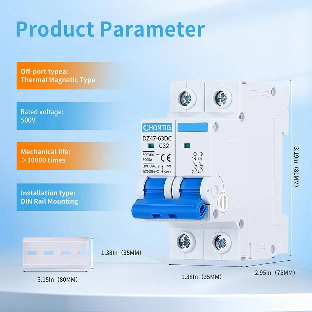 32 Amp Miniature DC Circuit Breaker for Solar PV Disconnect (500V, 2 Pole)