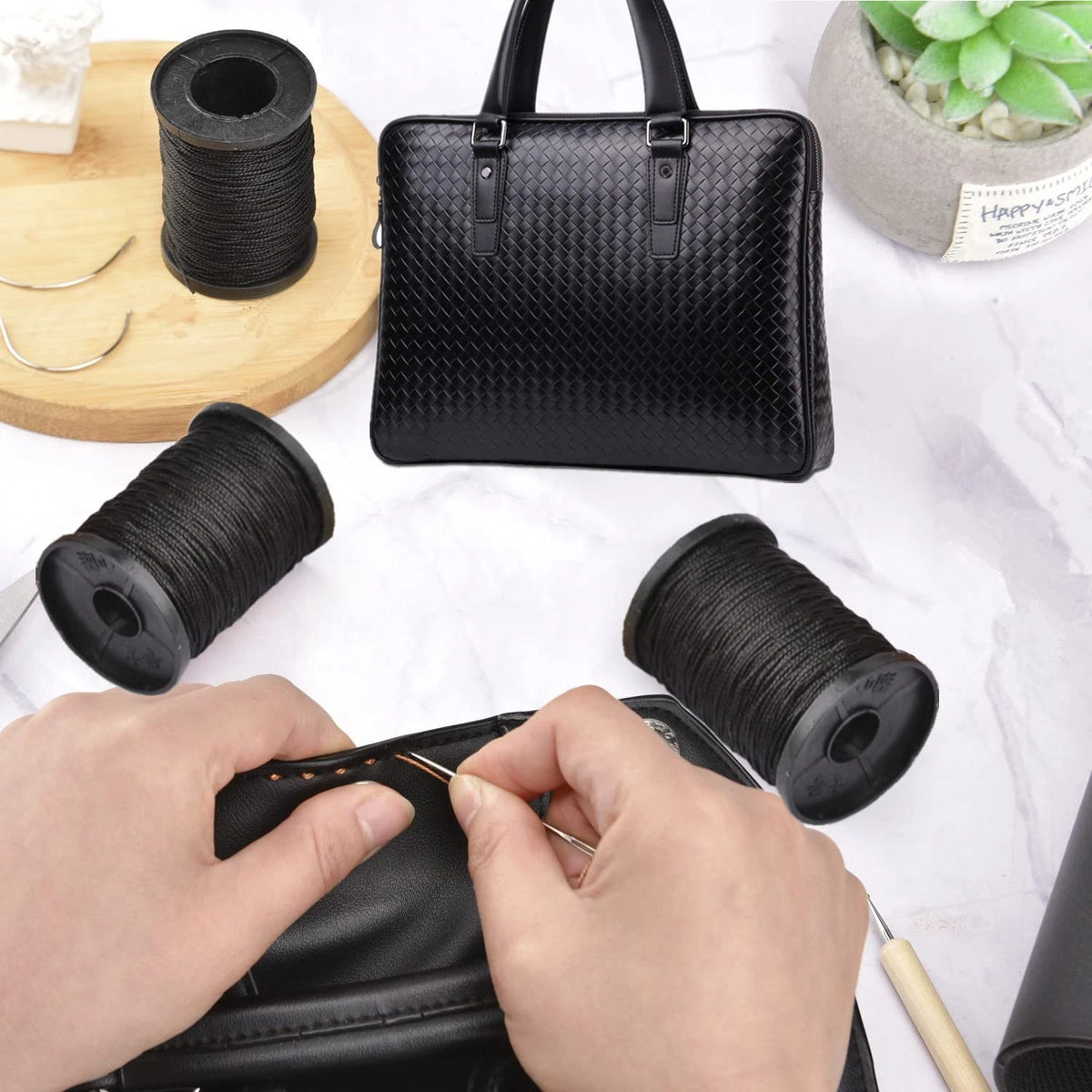 Set of 3 Heavy Duty Black Nylon Upholstery Thread & Needles Kit