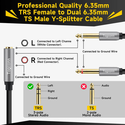 2-Pack 1/4 Inch TRS Stereo Female to Dual Male Adapter