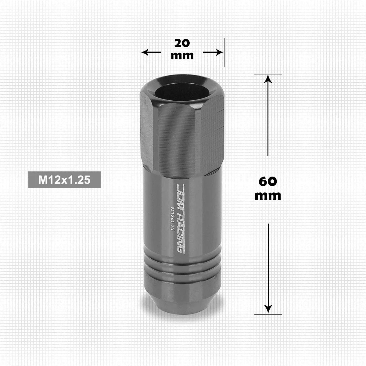 Set of 20 M12X1.25 Gunmetal JDM Open End Conical Wheel Lug Nuts + Extensions 20mm
