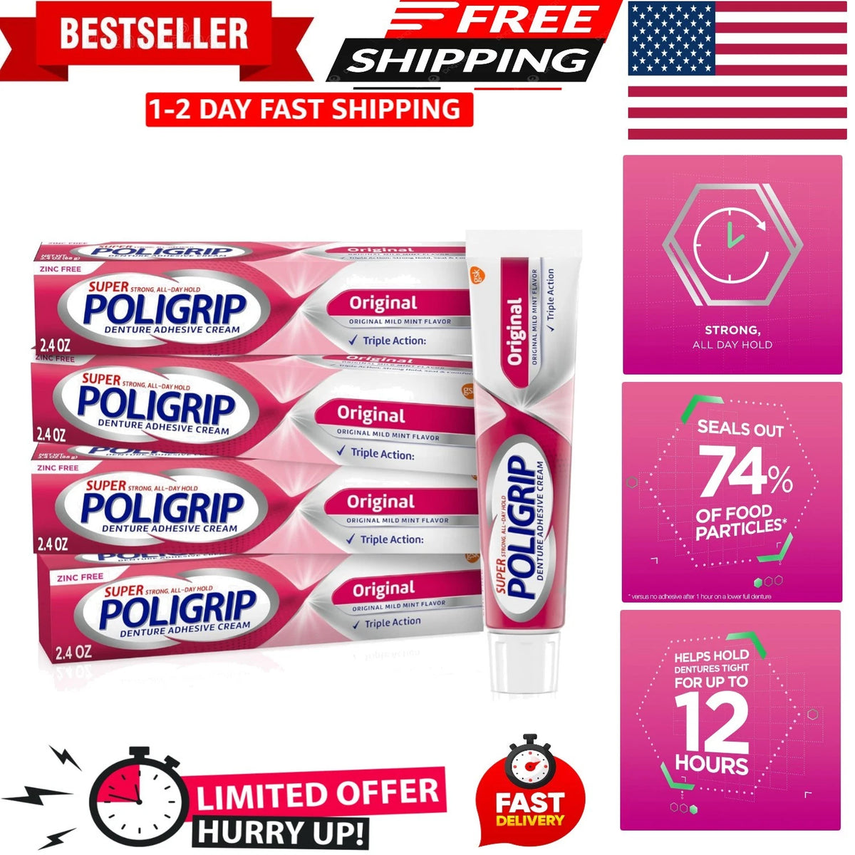 Set of 4 Super Poligrip Zinc Free Denture Adhesive Cream (2.4 oz)