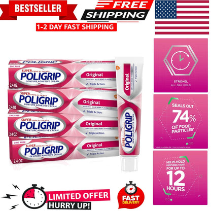Set of 4 Super Poligrip Zinc Free Denture Adhesive Cream (2.4 oz)