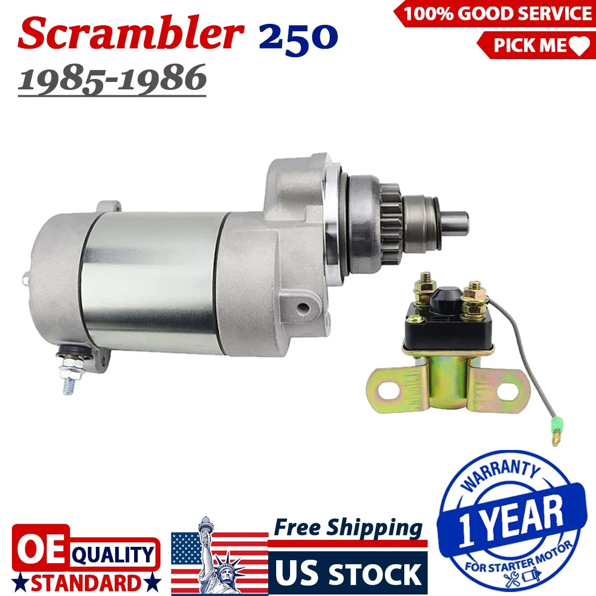 Starter Motor for Polaris Scrambler 250 (1985–1986) W/Bendix & Relay