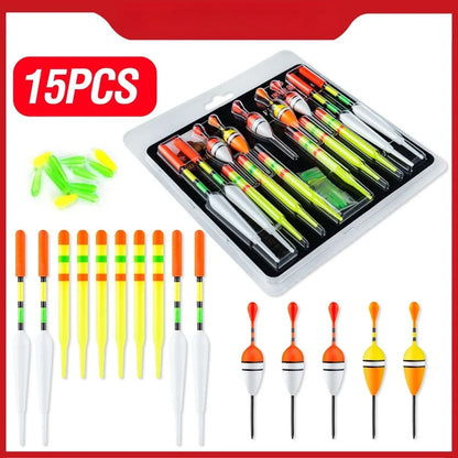 15 Piece Set of Fishing Floats Bobbers for Various Fishing Applications