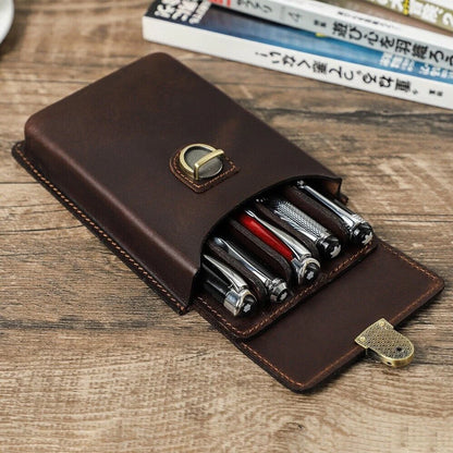 Leather 5 Slots Luxury Genuine Fountain Pen Case Organizer