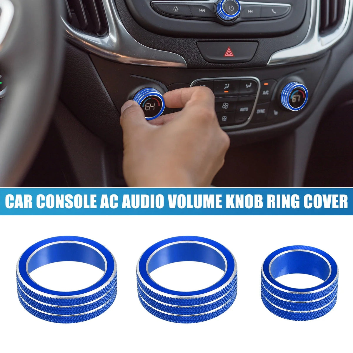 Set of 3 AC Audio Volume Knob Ring Covers for Chevy Malibu (2017–2022) Blue