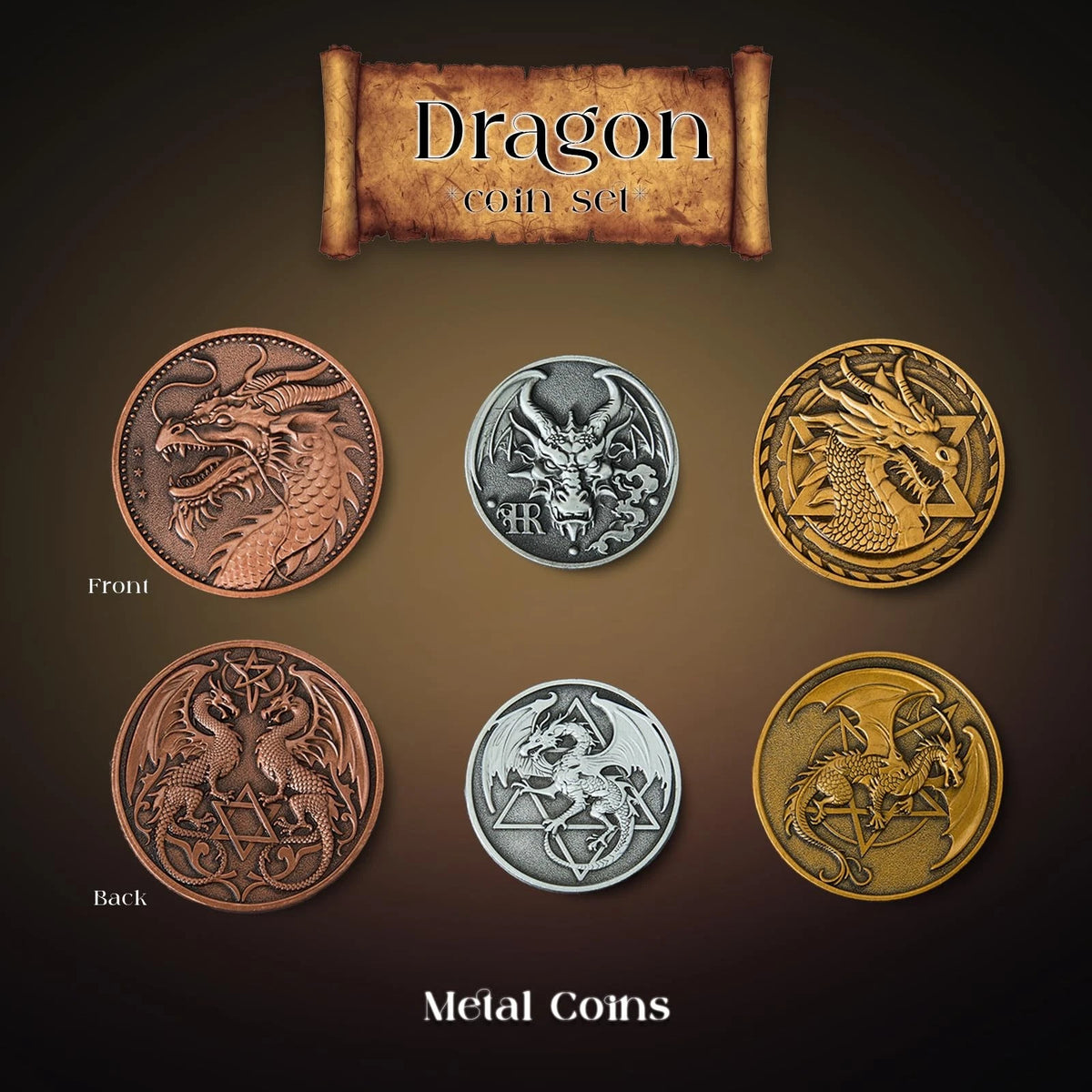 3 Pcs Dragon Coin Set for RPG Games (38mm, 35mm, 30mm)