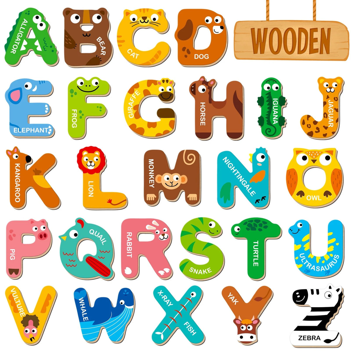 26 Magnetic Wooden Letters for Kids - Colorful Animal Alphabet ABC