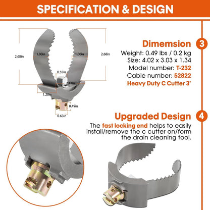 3" Double Cutter Sewer Auger for Ridgid Style Drain Cleaning