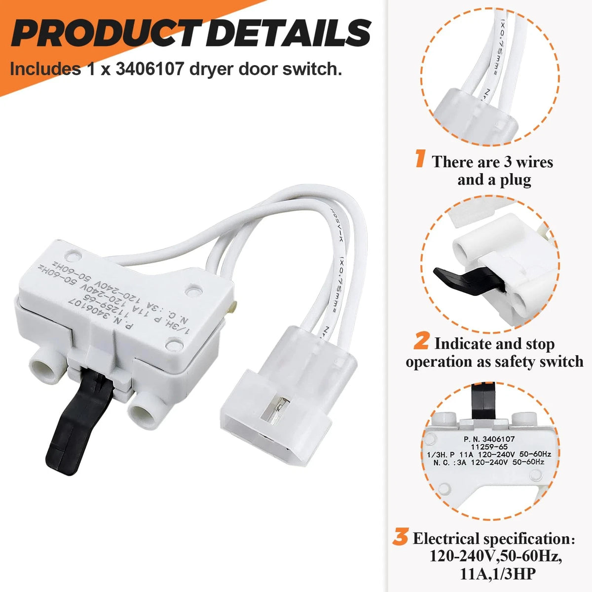 Dryer Door Switch for White WP3406107 (Replacement)
