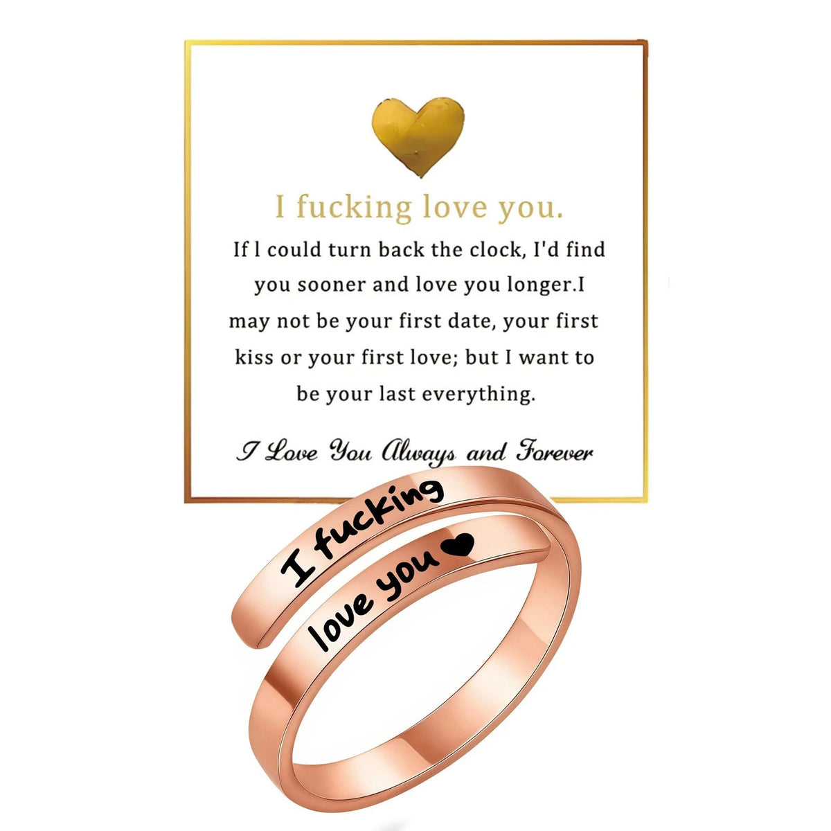 I Fcking Love You Ring for Women, Open Adjustable Stainless Steel Rose Gold