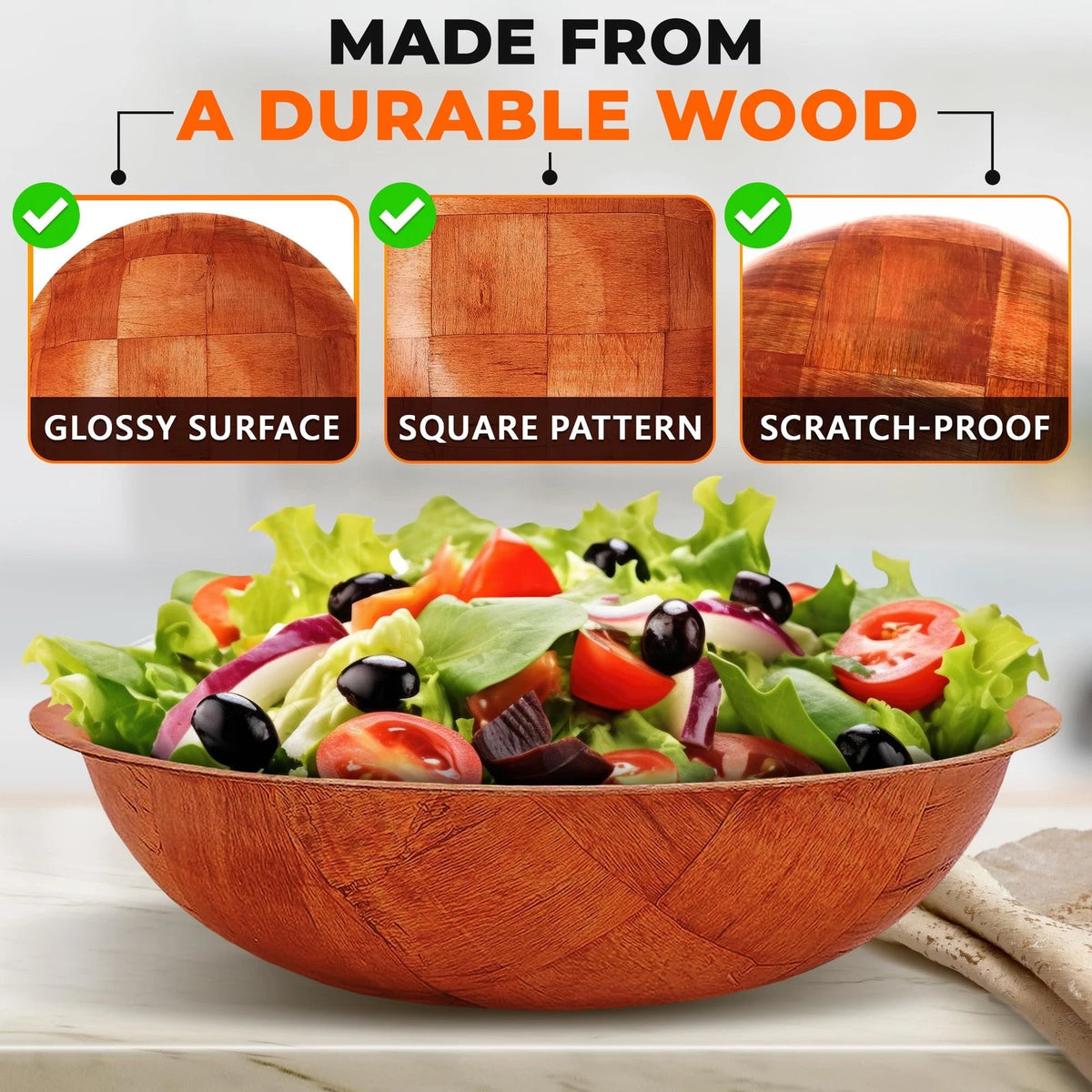Set of 6 Wooden Salad Bowls - 8" Diameter, Holiday Bowl Set