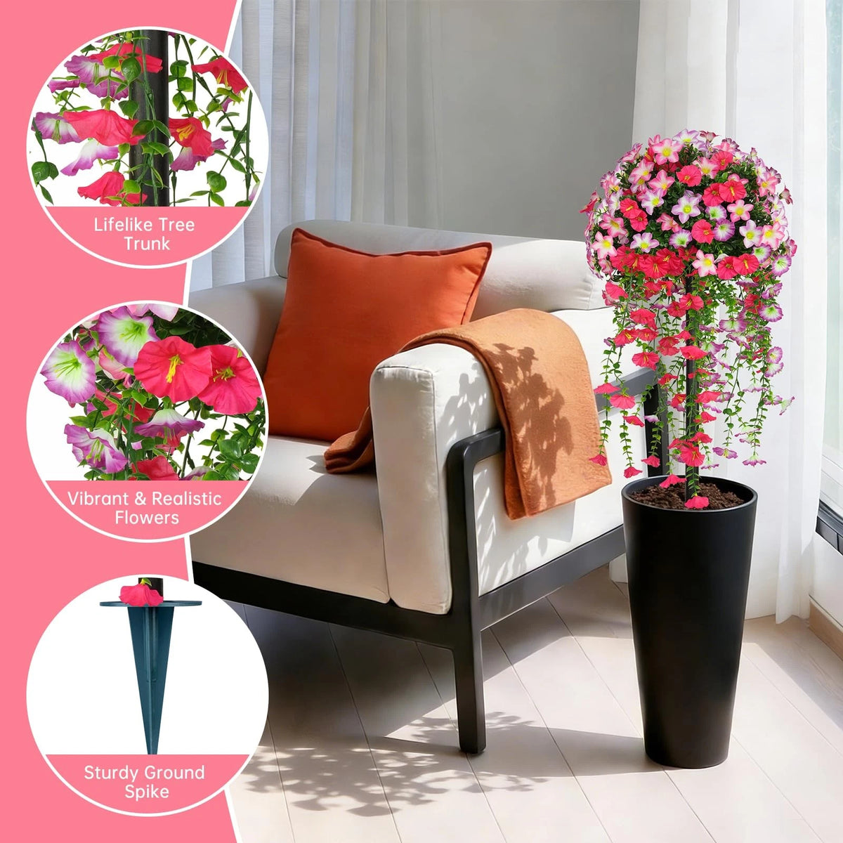 3FT Artificial Topiary Ball Tree with Pink Morning Glory Flowers