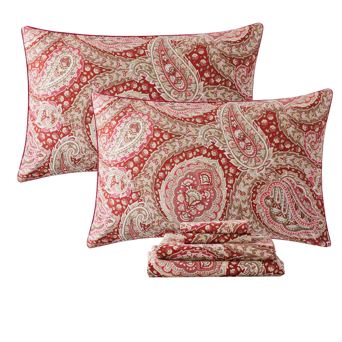 Set of 4 Luxury Paisley Sheets for King Size (Classy Red and Gold)