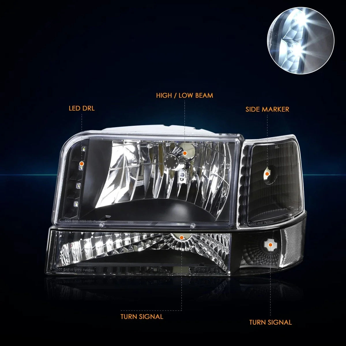 LED DRL Headlight/Lamp for Ford F150/F250/F350 (1992–1996) Black Housing Amber Corner
