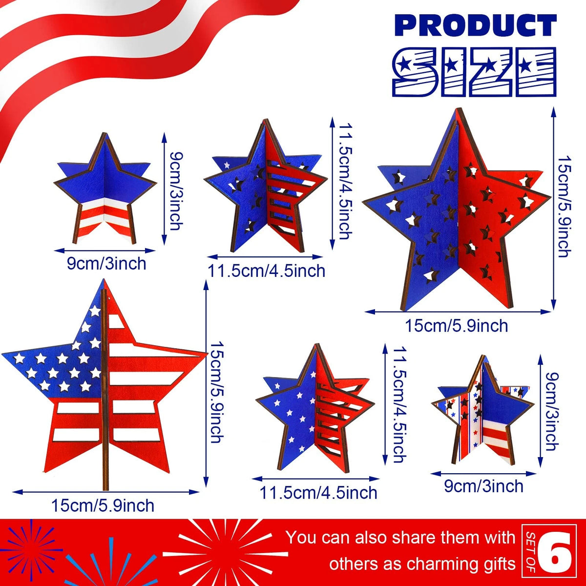 6 Pcs Wooden Star Signs for 4th of July Decoration (2023)