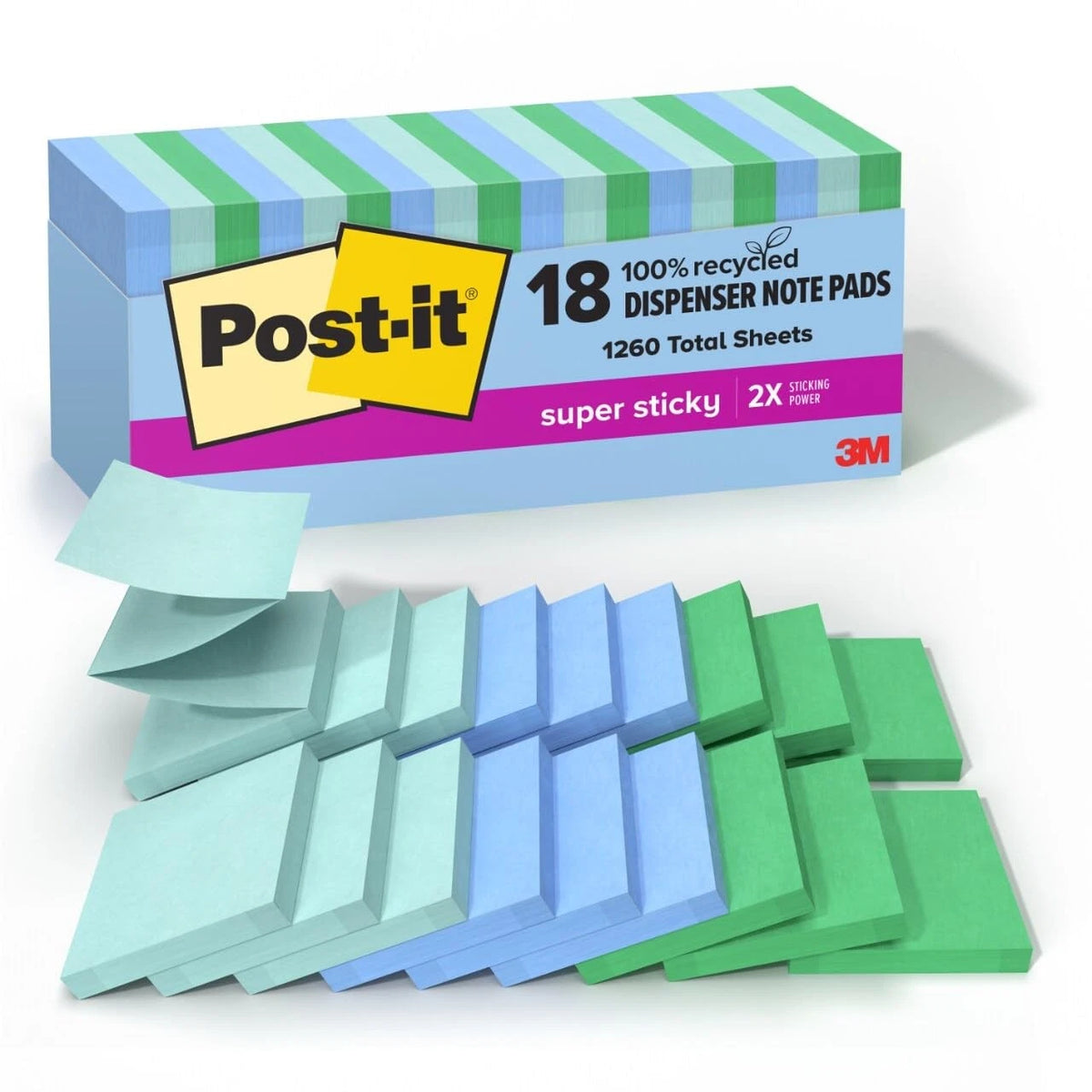 Set of 3 Post-it Super Sticky Notes 3" x 3" - Washed Denim, Fresh Mint, Lucky Green
