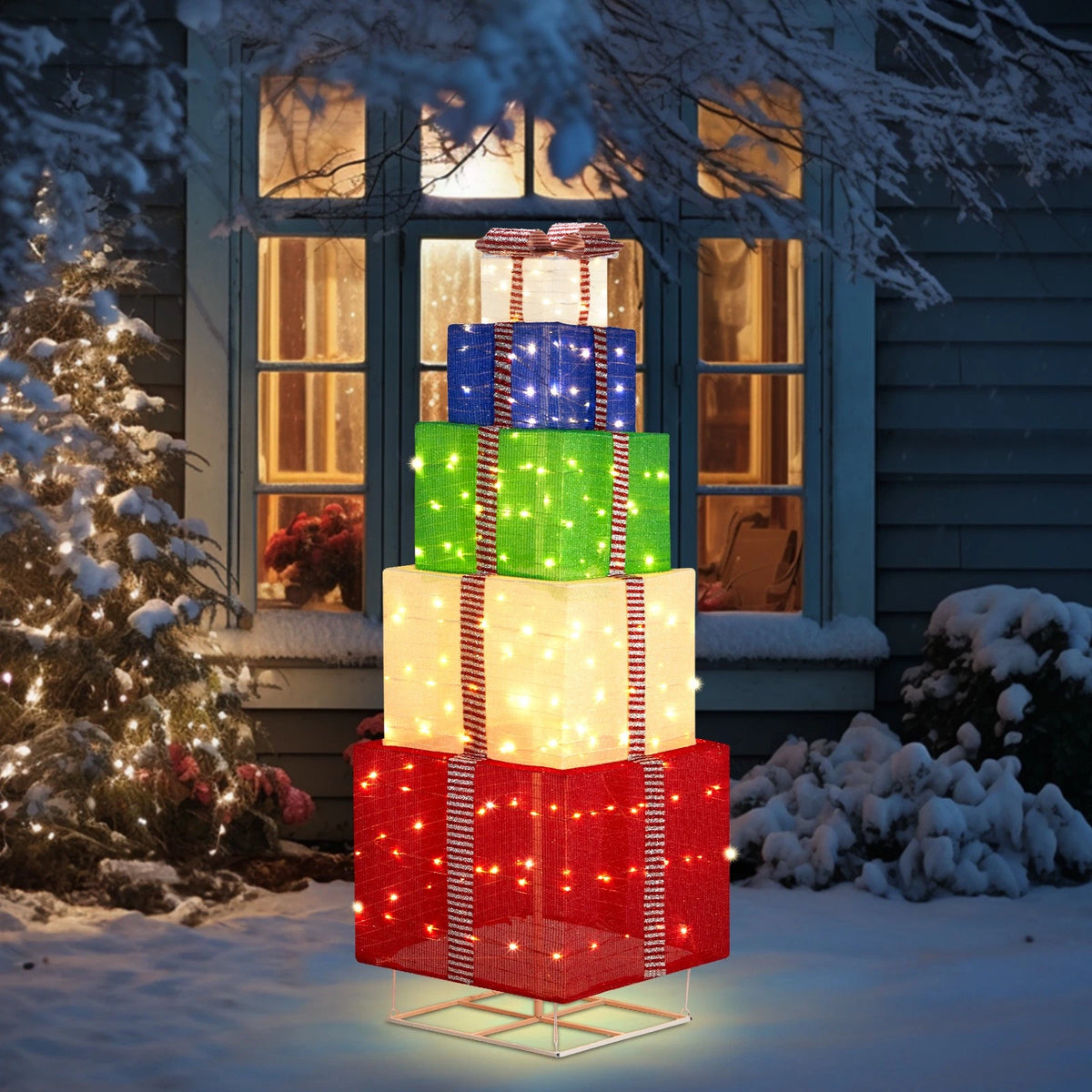 5-Tier Christmas Gift Box Decorations with Lights for Indoor/Outdoor