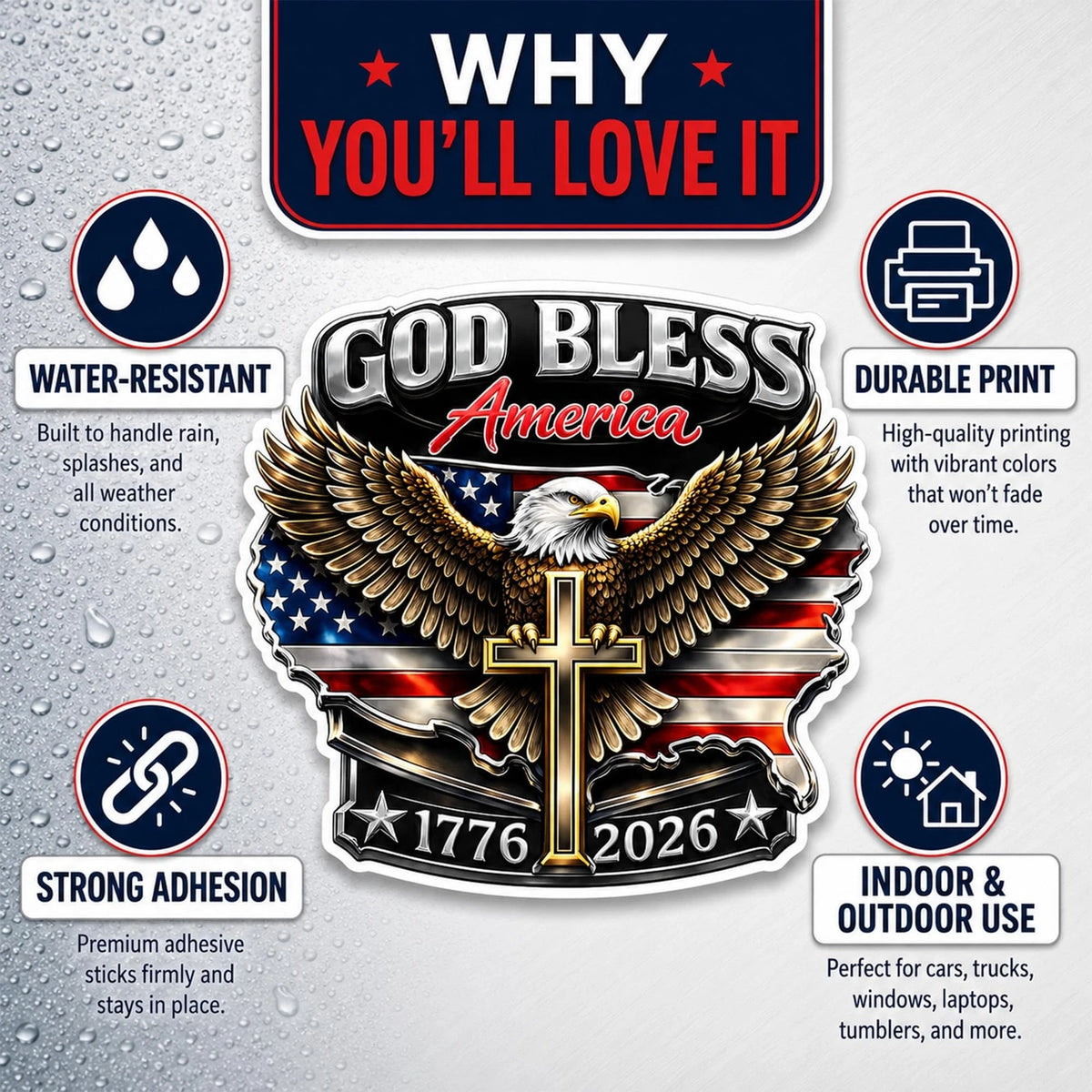2X God Bless America 1776-2026 Stickers for USA (7.9x5 inches)