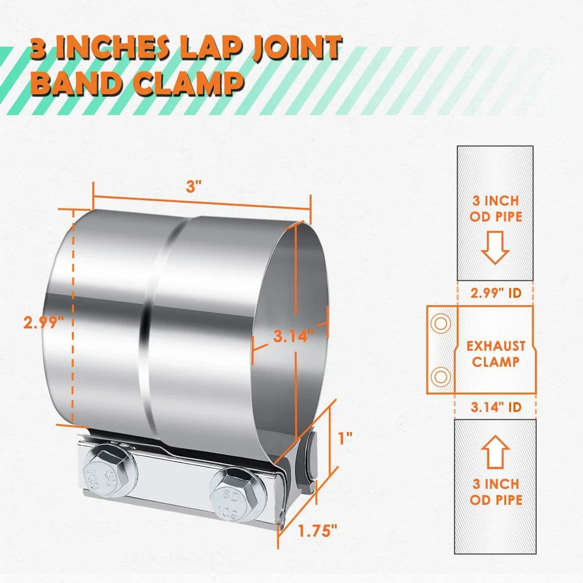 2X Stainless Steel Catback Exhaust Lap Joint Band Seal Clamps for