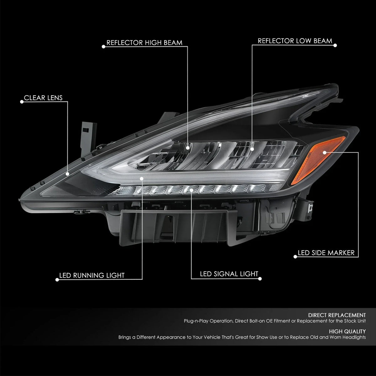 LED Headlight Assembly for Nissan Murano (2019–2021) - Left Side, Black Amber