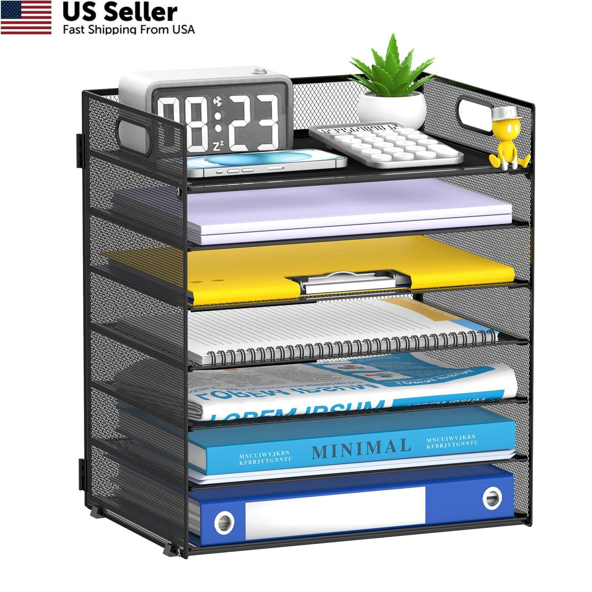7-Tier Paper Organizer for Desk, Letter Tray with Handle, Mesh Black