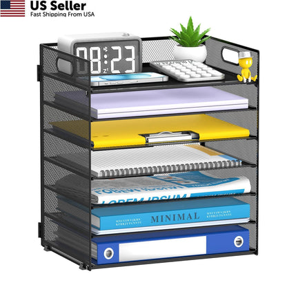 7-Tier Paper Organizer for Desk, Letter Tray with Handle, Mesh Black