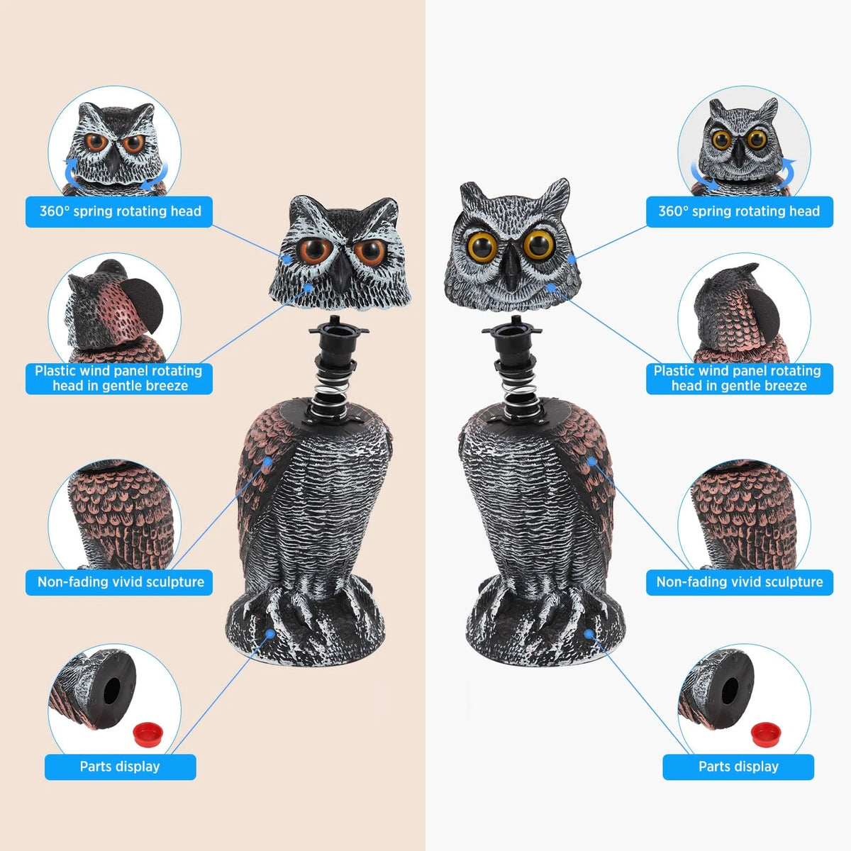 2X Fake Owl Decoys for Scaring Birds Away (Rotating 10+11 Inch)