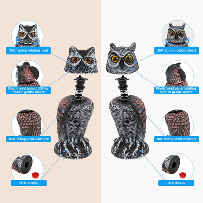 2X Fake Owl Decoys for Scaring Birds Away (Rotating 10+11 Inch)