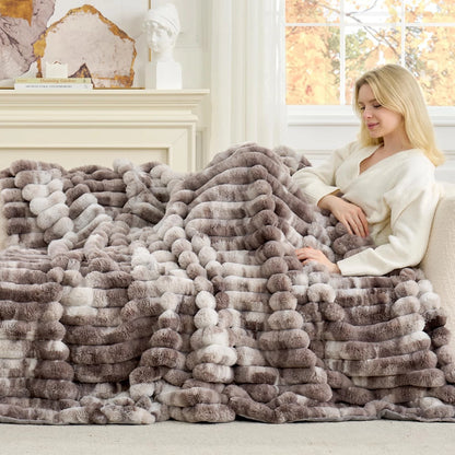Faux Fur Throw Blanket for Couch, Cozy Plush Striped Blanket for Sofa