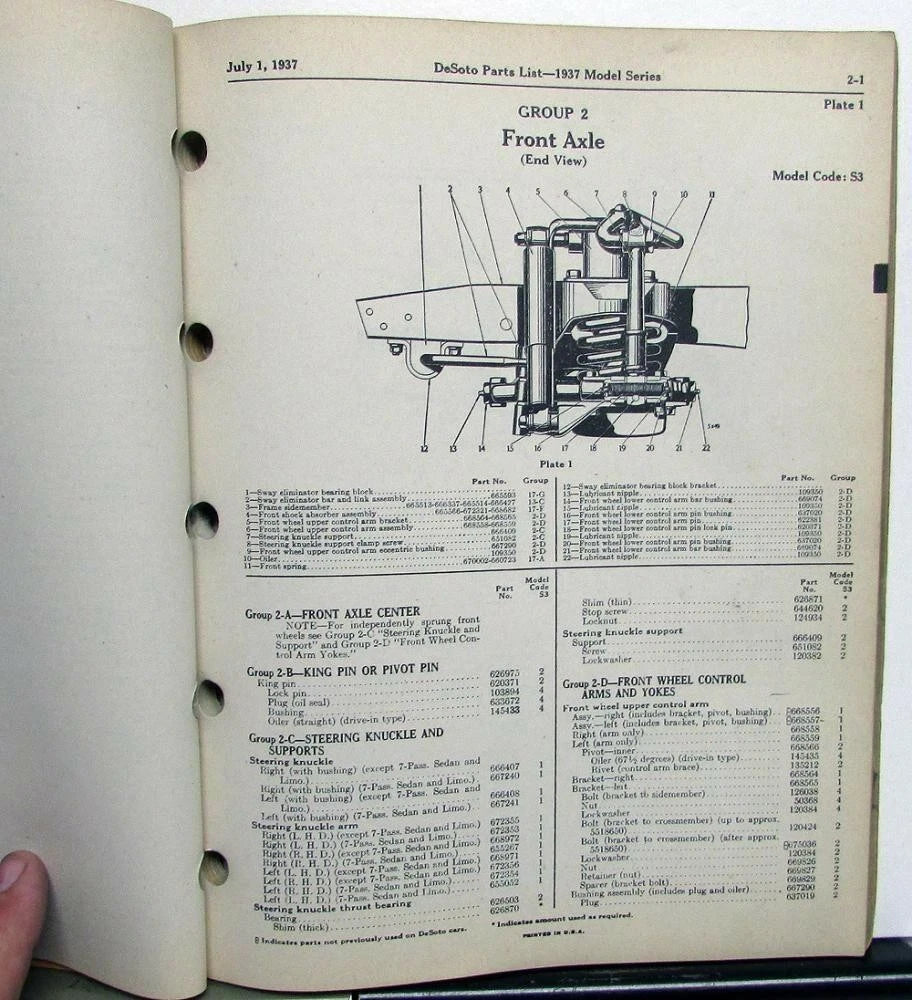Parts List Book for 1937 DeSoto Passenger Car S3 Models