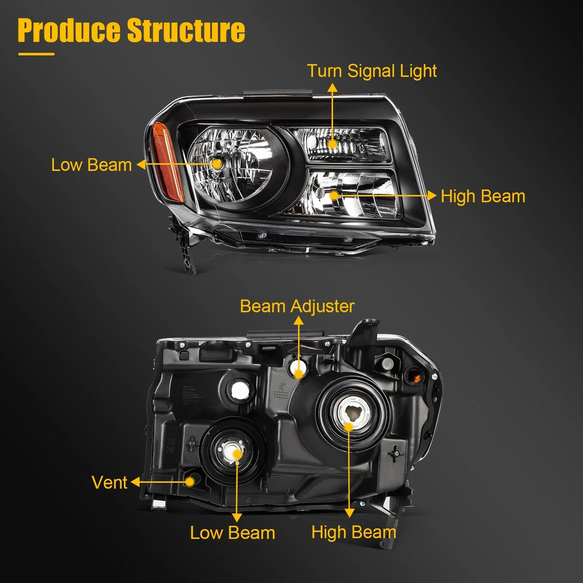 2X Black Headlight Assembly for Honda Pilot (2012–2015)