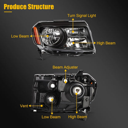 2X Black Headlight Assembly for Honda Pilot (2012–2015)