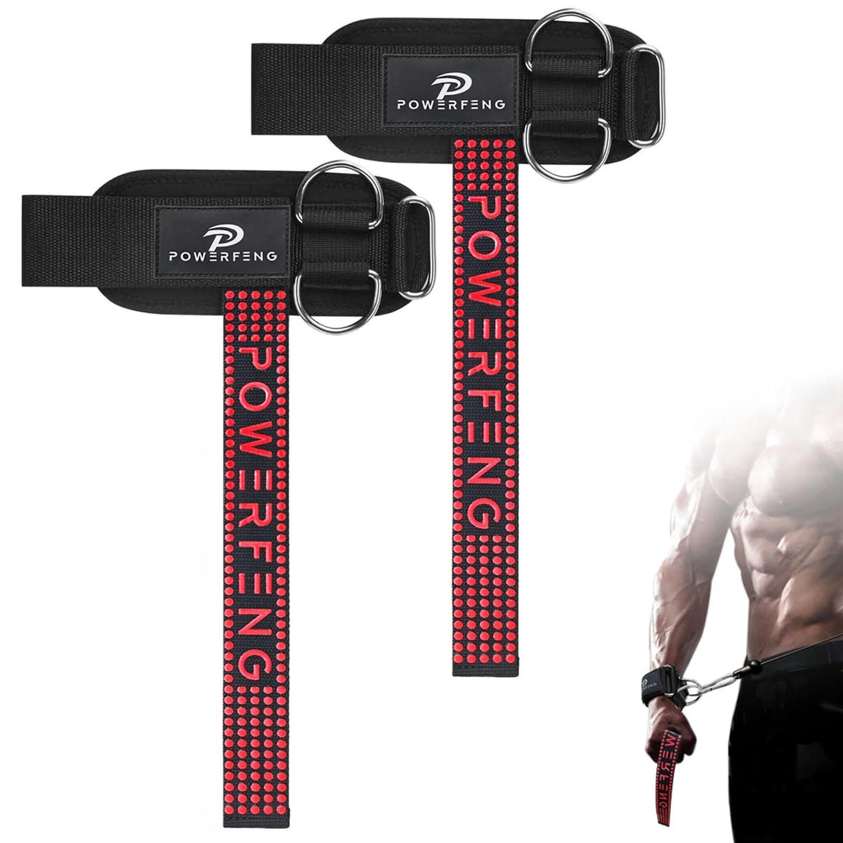 Weight Lifting Straps with D Rings for Gym Cable (Non-Slip, Black & Red)