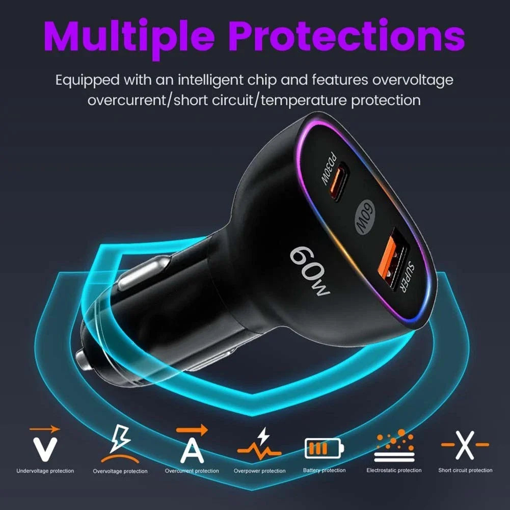 60W Dual PD30W Car Charger for QC3.0 Fast Charging