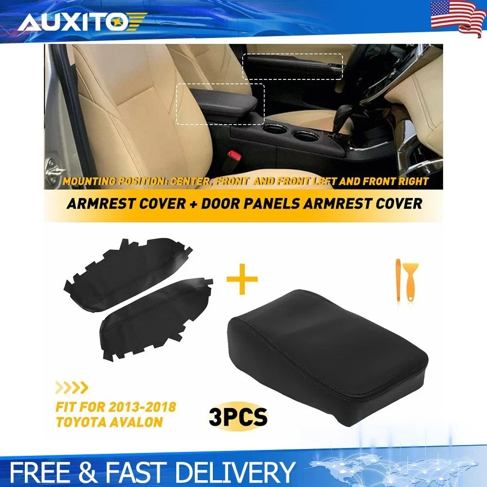 Black Leather Center Console Lid Armrest Cover for Toyota Avalon (2013–2018)
