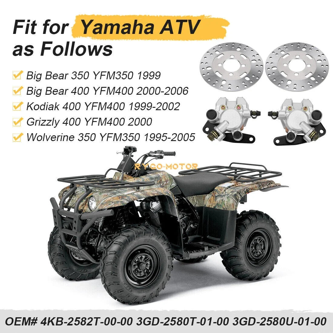Front Brake Calipers & Rotors for Yamaha Big Bear 350 400 (1985–2006)