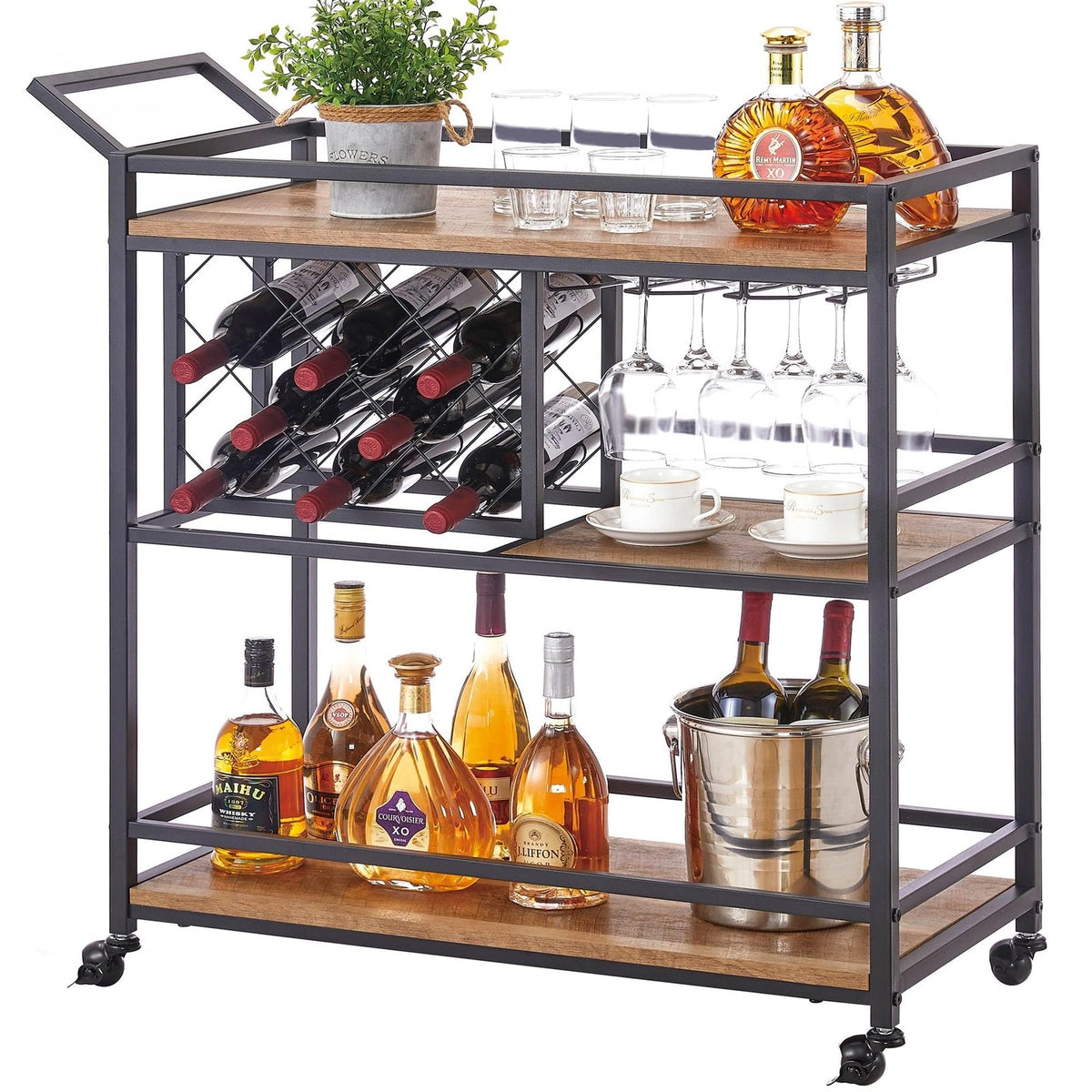 Bar Cart on Wheels with 3 Tier Wood Shelves for Home