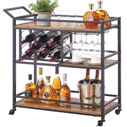 Bar Cart on Wheels with 3 Tier Wood Shelves for Home